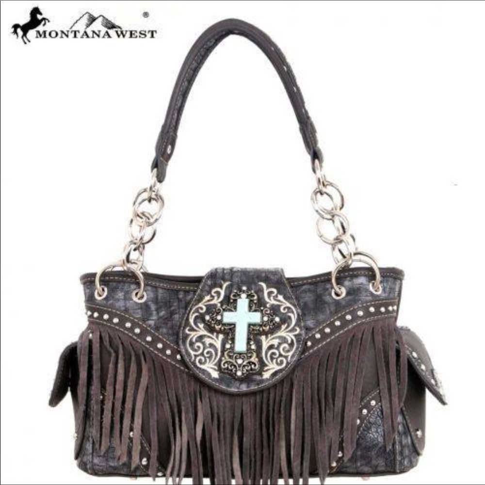 Beautiful grey purse with turquoise cross & fringe